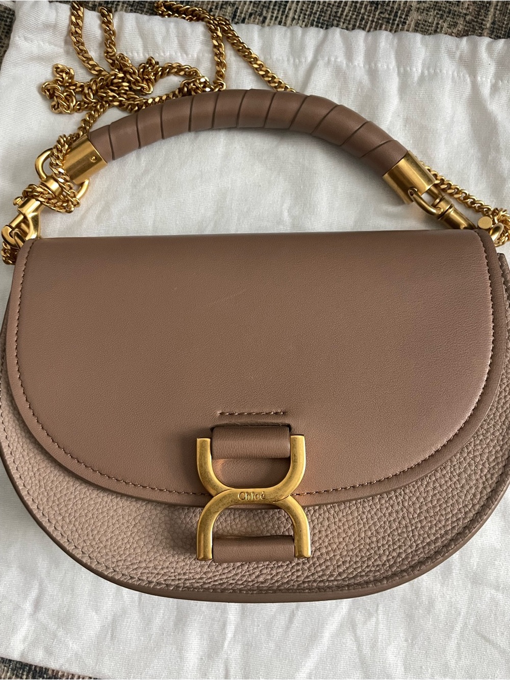 Chloé Marcie Chain Flap Crossbody Bag Taupe Leather Saddle with Gold Hardware